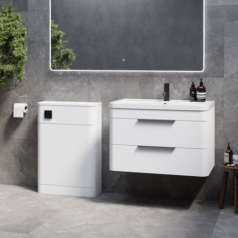 Oslo Gloss White 1350mm Wall Mounted Vanity Unit Toilet Suite with Anya Basin - 1350mm - Matt Black 300mm Finger PullWithout Jubilee Toilet Pan