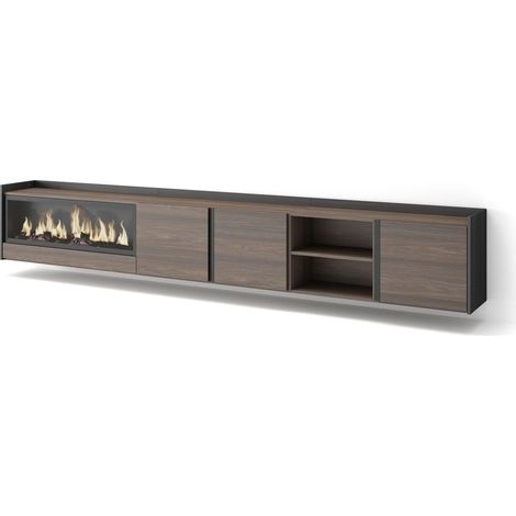 Skraut Home - Mobile TV Soggiorno, Ampio spazio a disposizione, 315x35x50cm, Per TV fino a 80", Camino elettrico XXL, Sospeso, da appendere, Stile moderno, Rovere scuro e Nero (1/5)