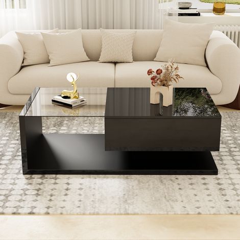 Table basse 105 x 55 x 32.5 cm avec LED et plateau en verre design moderne noir laqué rangement pratique salon (1/5)