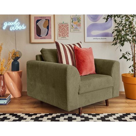 Lisa Design – Fauteuil en velours côtelé vert – Structure en bois massif – Assise mousse polyuréthane 25Kg/m3 – Pieds en bois wengé