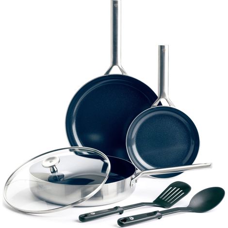Batterie de Cuisine en Acier Inoxydable 18/10 Revêtement Céramique Antiadhésive, 6 Pièces, Poêle à Frire, Sauteuse, Sans PFAS, Multicouche, Induction, Lave-Vaisselle, Four, Argenté (1/5)