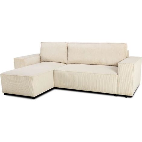 Canapé d'angle convertible réversible - 4 places - JOSH - Tissu velours cotelé Perle - Coffre - 242 x 155 x 86 cm (1/5)