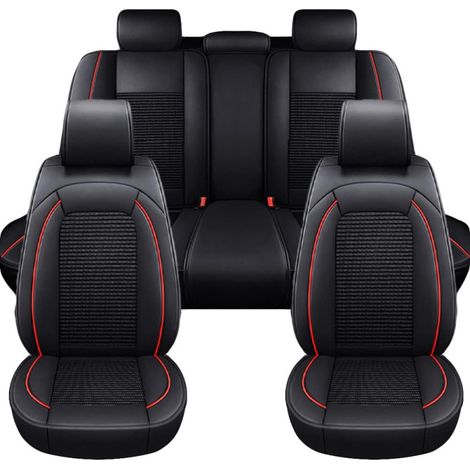 Luxuriöses Universal-Autositzbezug-Set aus Leder und Textil, schwarz mit roter Naht, für Vorder- und Rücksitze