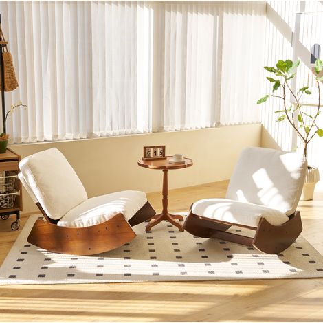 Silla mecedora deslizante tapizada, movimiento suave, estructura de madera, pana blanca (1/5)