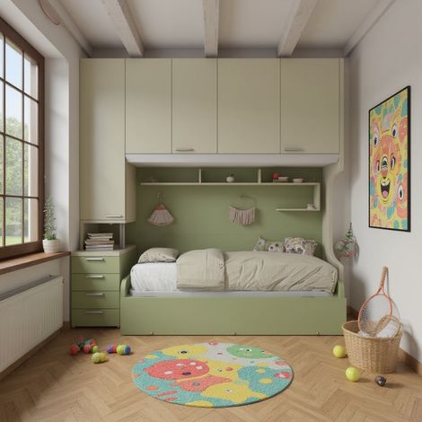 Cameretta a ponte con letto estraibile e spazio intelligente - Ecru e Salvia