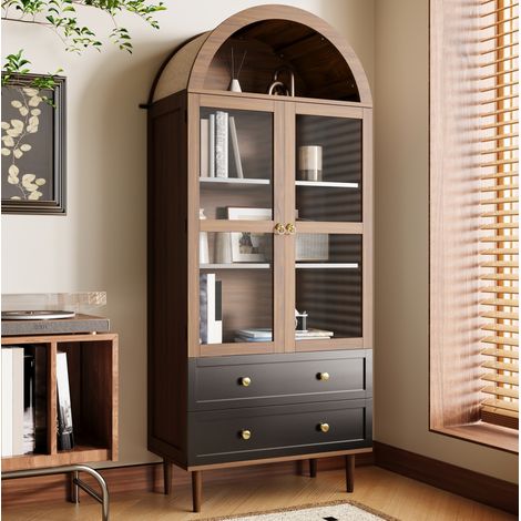 Buffet 70x38x165 cm noyer en MDF et verre avec étagères réglables et portes en verre strié (1/5)