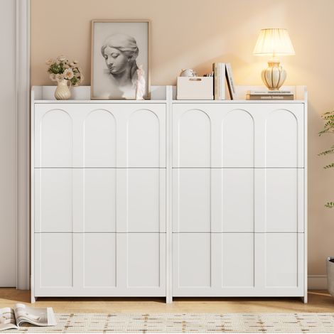 Meuble à chaussures 2 pièces, 6 abattants, 140 x 25 x 120 cm, MDF blanc REDOM (1/5)
