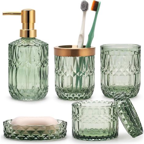 Lot de 5 Accessoires de Salle de Bain en Verre Vert, Distributeur de Lotion, Porte Savon, Support Brosse à Dents, Gobelet, Pot Coton-Tiges (1/5)