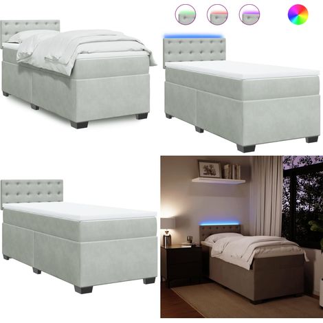 Cama box spring con colchón terciopelo gris claro 90x190 cm - Cama de muelles ensacados - Cama con luz LED