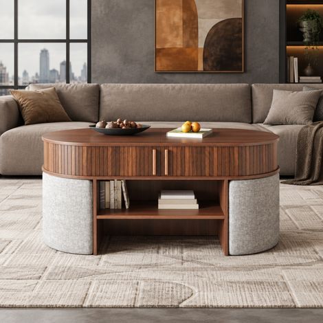 Ovale Couchtisch mit Stauraum, 120 x 60 x 51,5 cm, mit Stoffhockern, Nussbaum OKMYHOME (1/5)