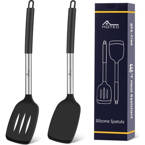 Silicone Spatulas Set of 2 High Heat Resistant BPA Free Spatulas with Stainless Steel Handles, Solid Slotted Spatulas for Nonstick Cookware, 13.8 Inch, Black (1/5)