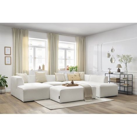Bobochic – Canapé panoramique fixe avec pouf tissu bouclette – Angle gauche – Longueur 339 cm – Largeur 231 cm – Fabrication Europe – Tissu anti bouloches (1/5)