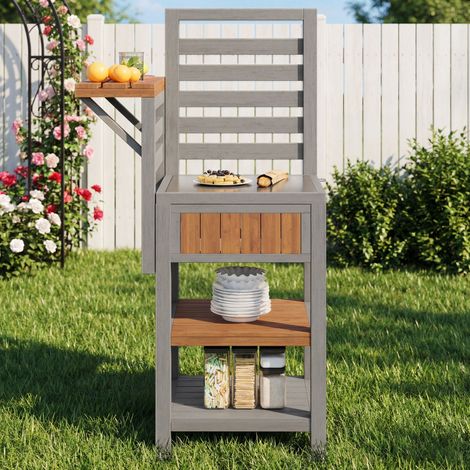 Coffre de jardin en bois traité anti-pluie – Meuble de rangement extérieur avec plan de travail inox spacieux et double étagère, station barbecue avec espace de stockage large, armoire de cuisine dura