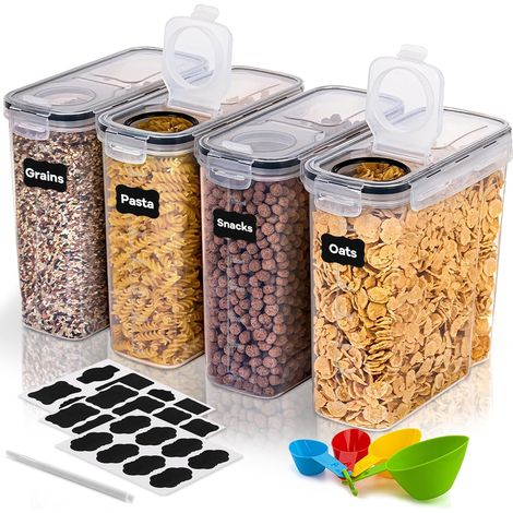 Boite de Rangement Cuisine Lot de 4, 4L Bocaux Hermetiques Alimentaires en Plastique Scellée avec Couvercle, sans BPA, Pour Stocker les Cereales, Pâtes, Sucre, Farine, Riz (1/5)