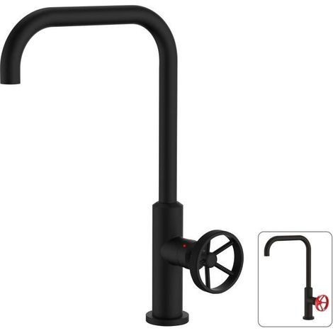 Mitigeur evier de cuisine bec mobile - Noir - 25 mm - Poignee metal decor strie - ROUSSEAU