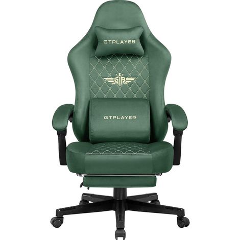 GTPLAYER Chaise Gaming Fauteuil Gaming Tissu Chaise Gamer Ergonomique Bureau Chaise PC, 150 kg, Chaise de Table RéGlable et Pivotante avec Coussin D'Assise à Ressorts et Repose-Pieds, Vert