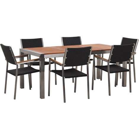 Conjunto de comedor de jardín mesa con tablero de madera de eucalipto 180 x 90 cm y 8 sillas en ratán sintético negro Grosseto