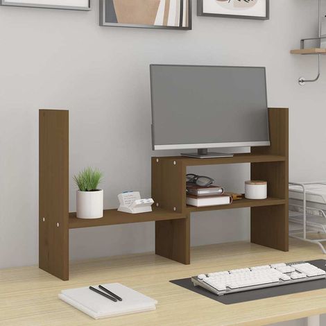 Support de moniteur réglable en bois de pin massif marron miel 39-72 x 17 x 43 cm - PANGIVO (1/5)
