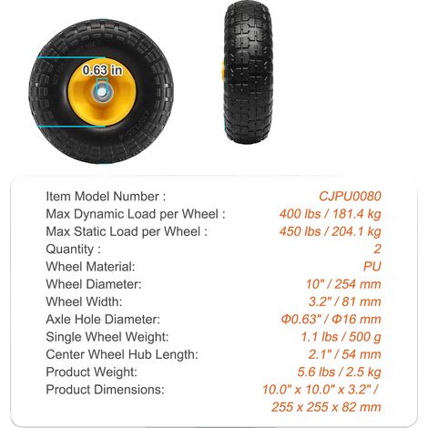 Roues solides, matériau PU, capacité de charge lourde, 400 lbs (1/2)