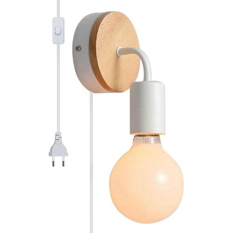 Applique murale design rétro industriel avec interrupteur 1.8M corde, Lampe de mural en bois et métal douille E27 éclairage salon chambre,Blanc (1/5)