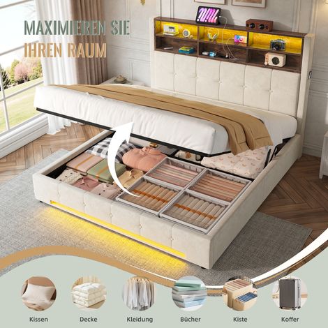 Lit en velours 160x200 cm avec tête de lit multifonction, 6 compartiments, poches latérales, USB-C, LED, rangement hydraulique et grand rangement sous le lit (1/5)