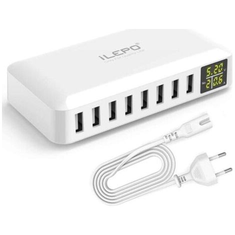 5V8A 8-Port USB-Ladegerät mit LCD-Display, USB-Multi-Socket-Smart-Ladestation, kompatibel mit iPhone XS XR SE, iPad, Samsung Galaxy, Redmi, Android-Telefonen usw.