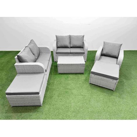 Fimous High Back Poly Rattan Garden Furniture Set with Reclining Chair Loveseat Sofa Rectangular Coffee Table Indoor Outdoor Patio Set 2 Big Stool Light Grey (1/4)