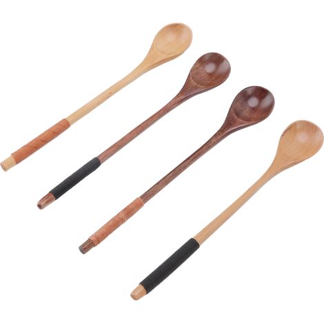 Set aus 4 langstieligen Holzlöffeln zum Mischen von Kaffee und Honig, Backen und Servieren. Küchen- und Bastelutensilien. (1/5)