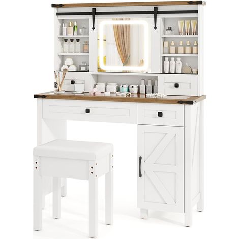 Costway – Coiffeuse avec miroir coulissant LED – 6 étagères ouvertes à hauteur réglable – 4 tiroirs et armoire latérale – Plateau en verre transparent – Blanc (1/5)