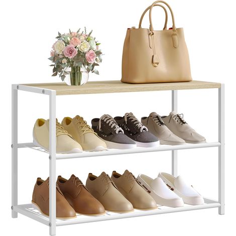 WOLTU Zapatero con estructura de metal y 2 estantes, diseño minimalista, roble claro y blanco