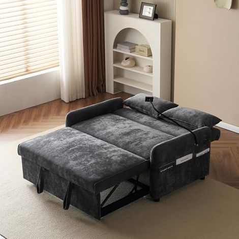 Canapé-Lit 2 Places Convertible 3 en 1, Multifonction avec Dossier Réglable, USB et Support Téléphone, Sofa en Chenille Gris, 129 x 76 x 81 cm