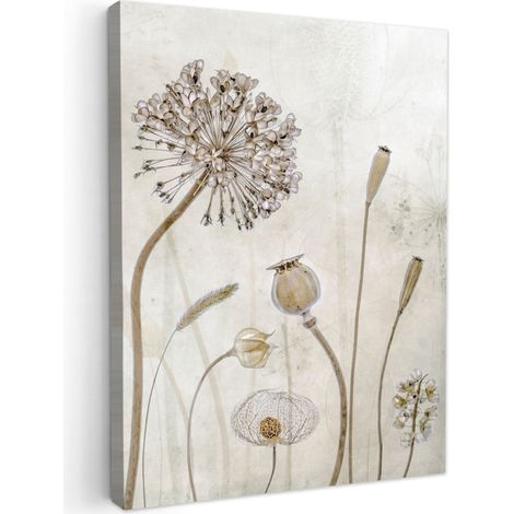 CUADRO EN LIENZO Flores - Acuarela - Naturaleza muerta - Marrón - Vintage Cuadros Decorativos 60x80 cm