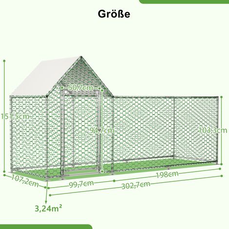Recinto para gallinas y pequeños animales 3 x 1 x 1,5 m con techo PE y cierre OKMYHOME (1/5)
