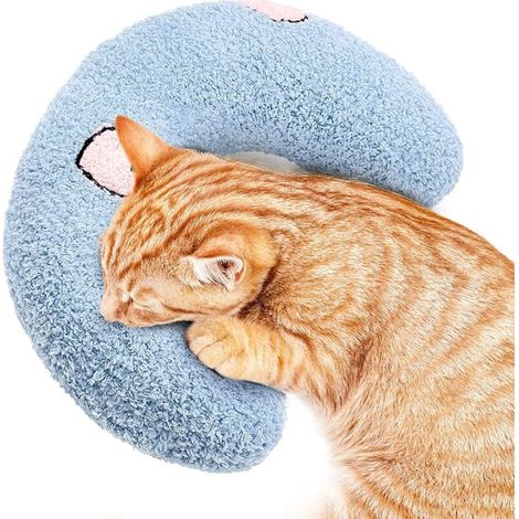 Cat Bed, Soft, Fluffy, Calming Toy, Catnip Cushion, U-Shaped Bed for Sleeping, Resting, Playing (Blue)