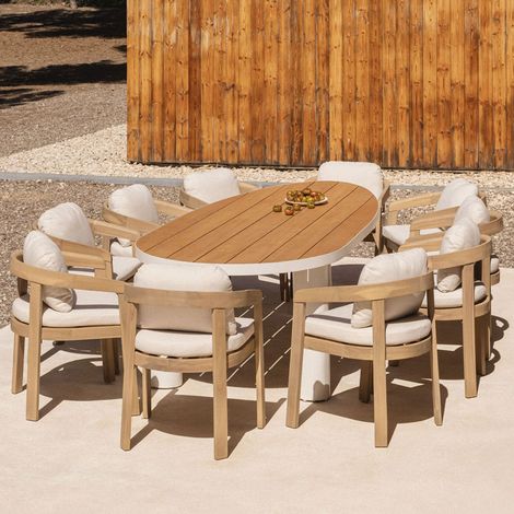Ensemble de table ovale Taneli, 260x110 cm, en aluminium et bois de teck, et 10 chaises de jardin en bois d'acacia Uleno. SKLUM
