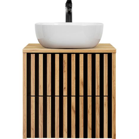Waschtisch 60 cm mit Keramik Waschbecken in Eiche Nb. mit Lamellenfront LUCCA-107, B/H/T: ca. 60,4/77,5/45,5 cm (1/5)