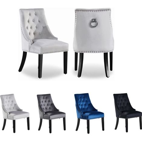 Set di 2 sedie da pranzo Windsor in velluto con gambe in legno - Sedia da pranzo con schienale ad anello - Sedia imbottita - Sedia da pranzo moderna - Cucina, soggiorno - Grigio chiaro