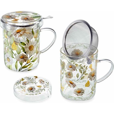 Tasses en verre borosilicate avec couvercle et filtre à thé en métal, imprimé camomille, en boîte, lot de 2, diam. 9 x H. 11,5 cm