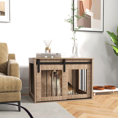 Cage caisse pour chien animaux intérieur porte coulissante. métal effet bois. dim. 57H x 80L x 54l cm