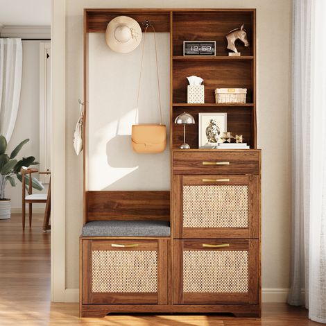 Perchero de entrada con banco mueble recibidor zapatero 3 puertas cajón colgadores estantes efecto ratán 100x30x170cm nogal (1/5)