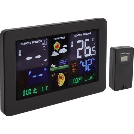 Horloge météo multifonctionnelle sans fil pour la maison, utilisable en intérieur et en extérieur, avec thermomètre, écran couleur LED et prise européenne (100-240 V). (1/5)