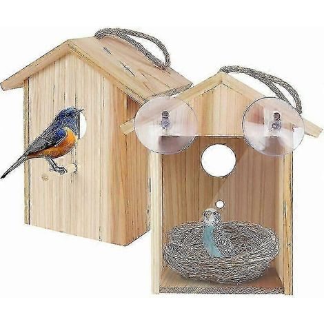 Nichoir d'extérieur avec ventouse puissante et cordon - Nichoir en bois transparent amélioré, nid transparent pour une observation facile des oiseaux (1/4)