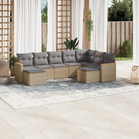 Ensemble Salon Jardin 9 Places Résine Tressée Beige avec Coussins Gris - Stockage Intégré, Modulaire, Housse Lavable (1/3)