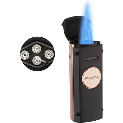 Briquets torche coupe-vent Briquet tempête 4 jets Flamme bleue rechargeable Briquet à gaz butane en métal avec foret à changement de couleur Conception visuelle de la fenêtre à gaz (sans gaz) (1/5)