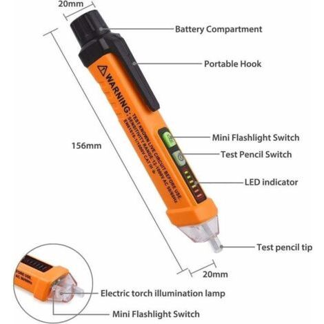 Testeur Electrique,Détecteur de Tension Sans Contact 12-1000V, Test de Fil de Phase/Neutre, Buzzer Sonore & Lumineux, Lampe de Poche, AC 50-500Hz, Stylo Testeur de Tension NCV (1/3)