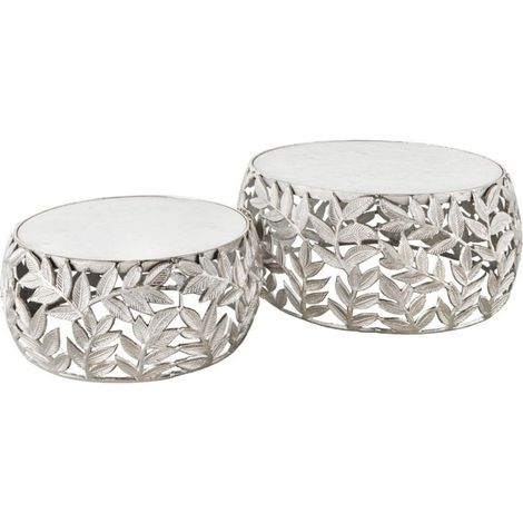 Set von 2 niedrigen Tischen METRIX in Silber mit Marmorplatte – Design-Couchtische mit Blattmotiv