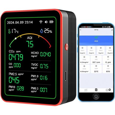 Moniteur de CO2, compteurs de qualité de l’air intérieur 15 en 1, détecteur portable de dioxyde de carbone, écran LCD rétroéclairé CO2 TVOC HCHO PM2.5 PM10 Testeur avec réveil pour la maison et le bur