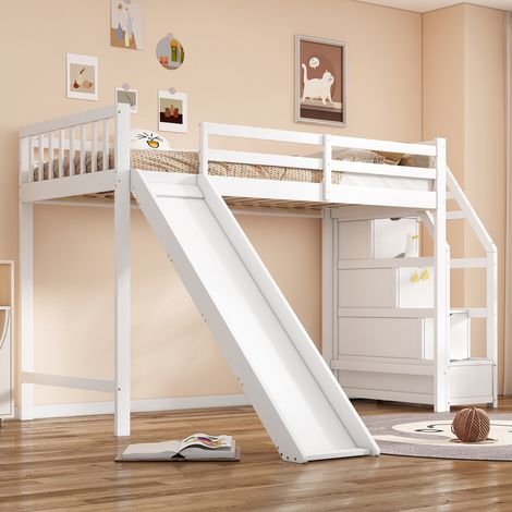 Lit mezzanine enfant 90x200 cm, avec escalier de rangement et toboggan, avec grille de protection anti-chute, sommier à lattes, pin + MDF, adapté aux adolescents et enfants - Blanc (1/5)