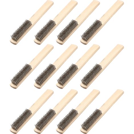 Ensemble de 12 brosses métalliques avec manche en bois, en acier inoxydable, pour le nettoyage et l'élimination de la rouille et des rayures. (1/5)