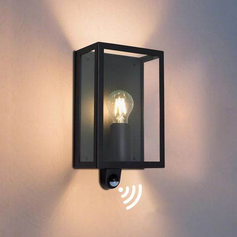 30.9cm Applique Murale Exterieur Detecteur de Mouvement, Douille E27 25W Lampe Exterieur Murale, IP65 Étanche en Verre Trempé Pour Jardin Terrasse et Balcon, Noir Métallique Sans Lampe (1/5)
